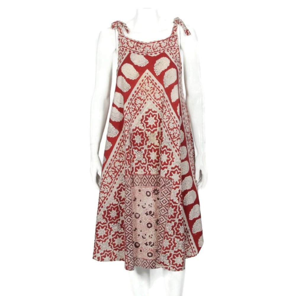 Block Print Indian Cotton Dress Red Floral Design Cotton Sleeveless sz S